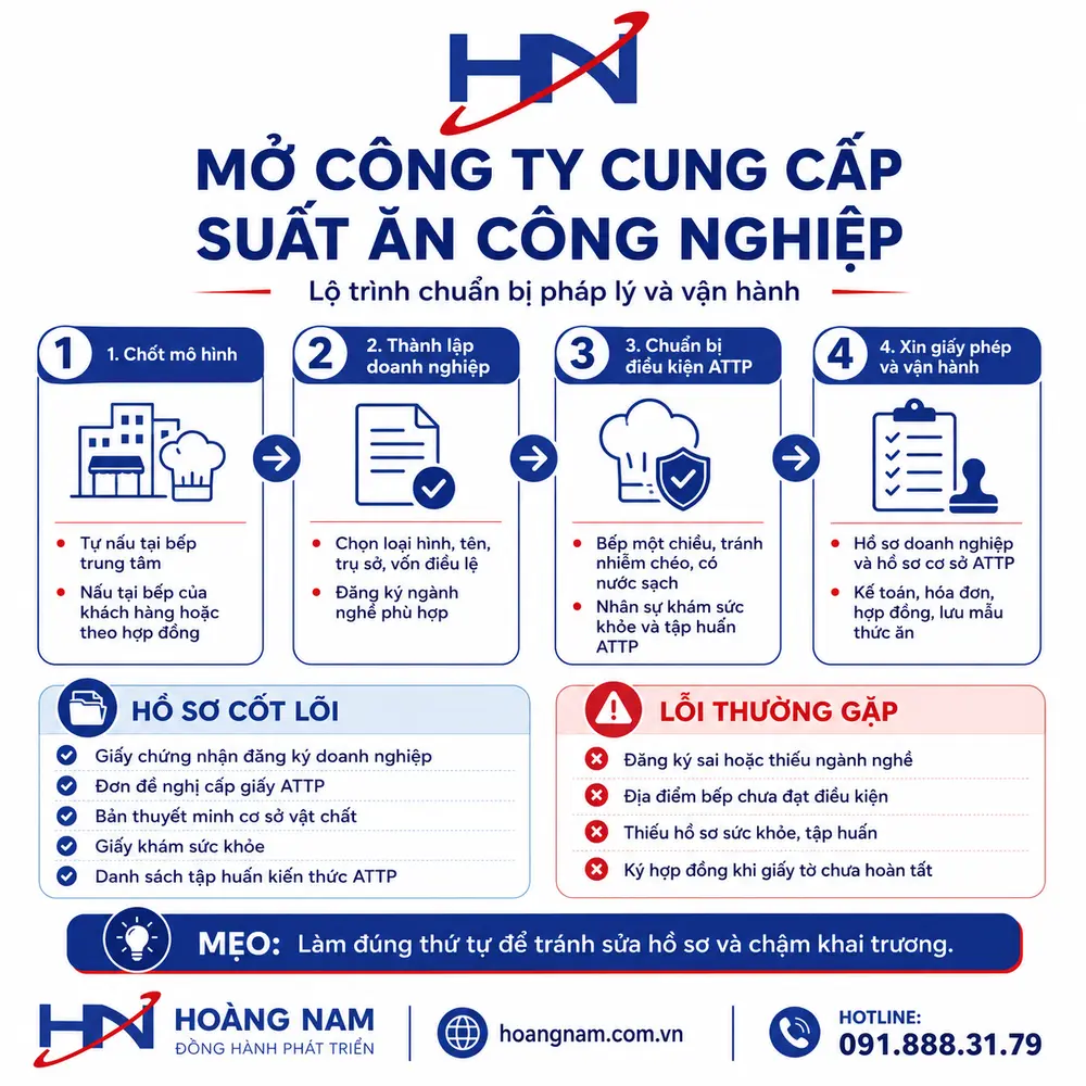 Mở công ty cung cấp suất ăn công nghiệp cần làm theo đúng trật tự: đăng ký doanh nghiệp, chuẩn bị bếp và quy trình an toàn thực phẩm, rồi xin giấy chứng nhận đủ điều kiện trước khi vận hành