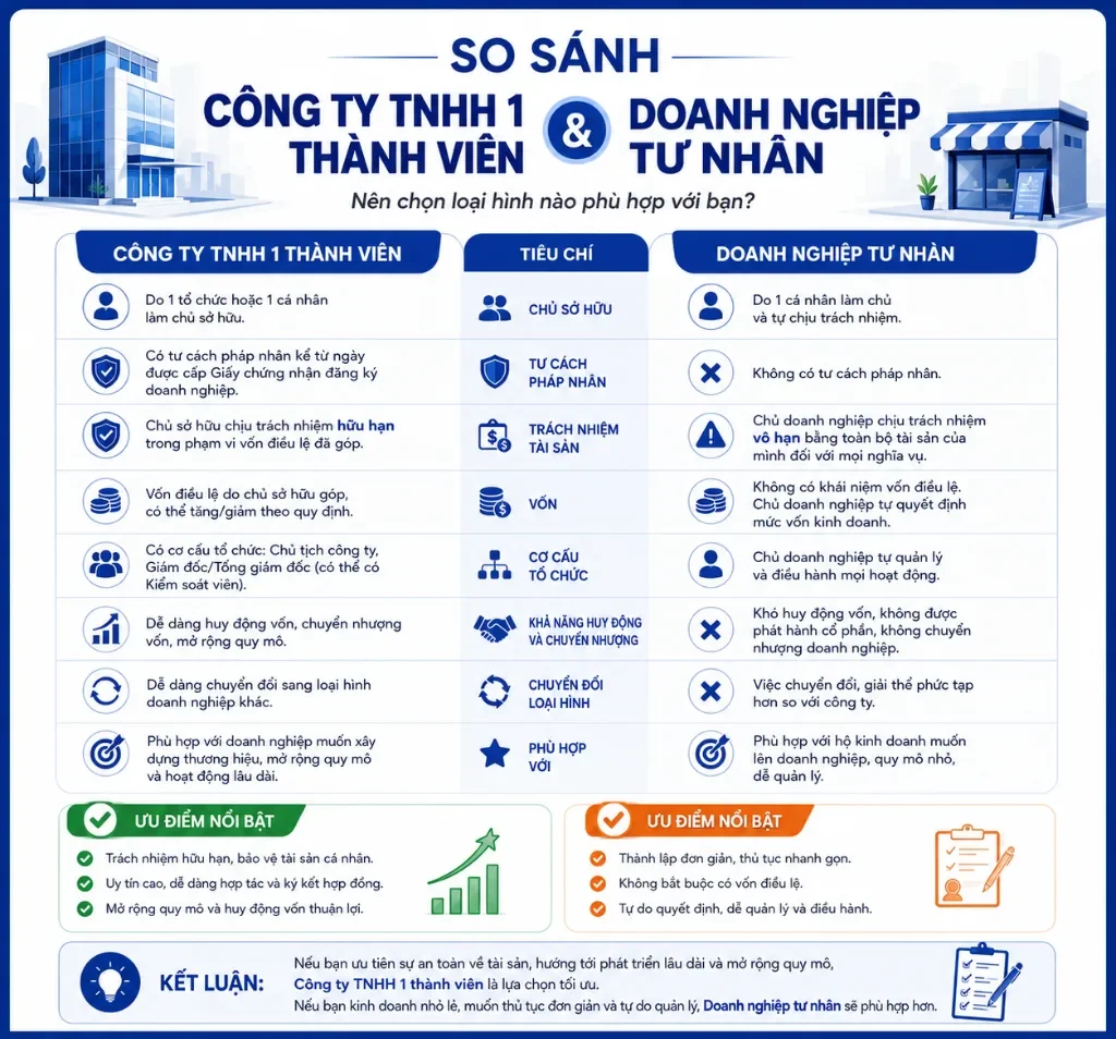 So sánh công ty TNHH 1 thành viên và doanh nghiệp tư nhân