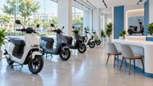 Không gian showroom xe máy điện với khu trưng bày xe và quầy tư vấn