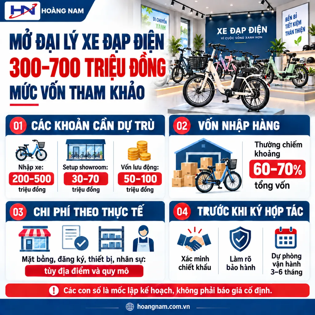 Infographic vốn mở đại lý xe đạp điện 300–700 triệu đồng và các khoản cần dự trù